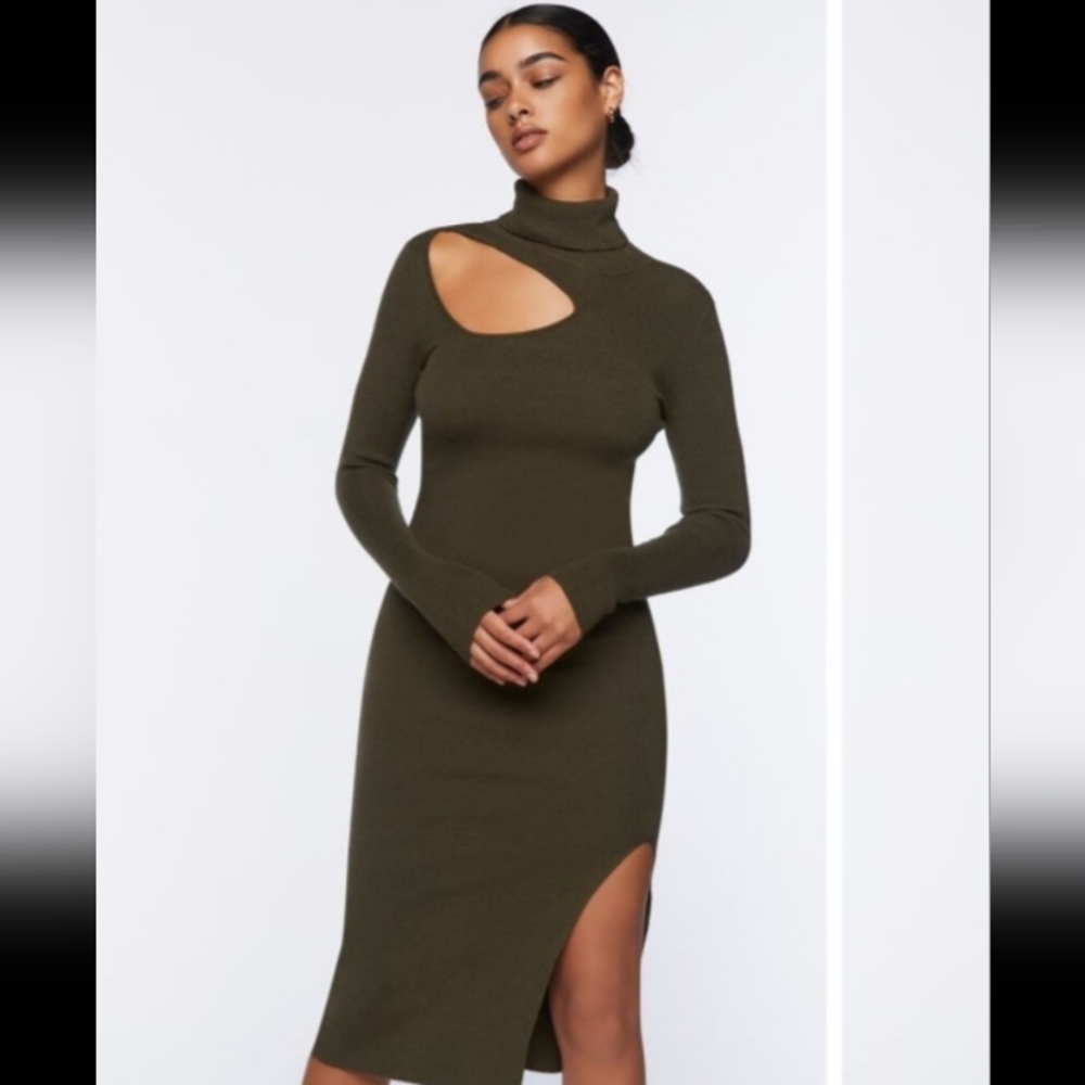 Forever 21 Cutout Turtleneck Sweater Dress Green size L NEW
